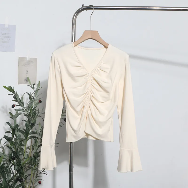 Churchf Real Shooting 2024 Autumn Dress Sexy V-Neck Folded Open Fork Short High-Waisted T-Shirt Horn Long Sleeve Bottom Top 161
