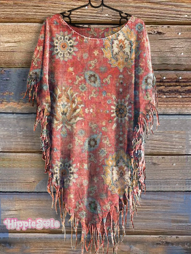 Women&rsquo;s Retro Ethnic Pattern Batwing Tussle Fringes Poncho Dress Multicolor / S
