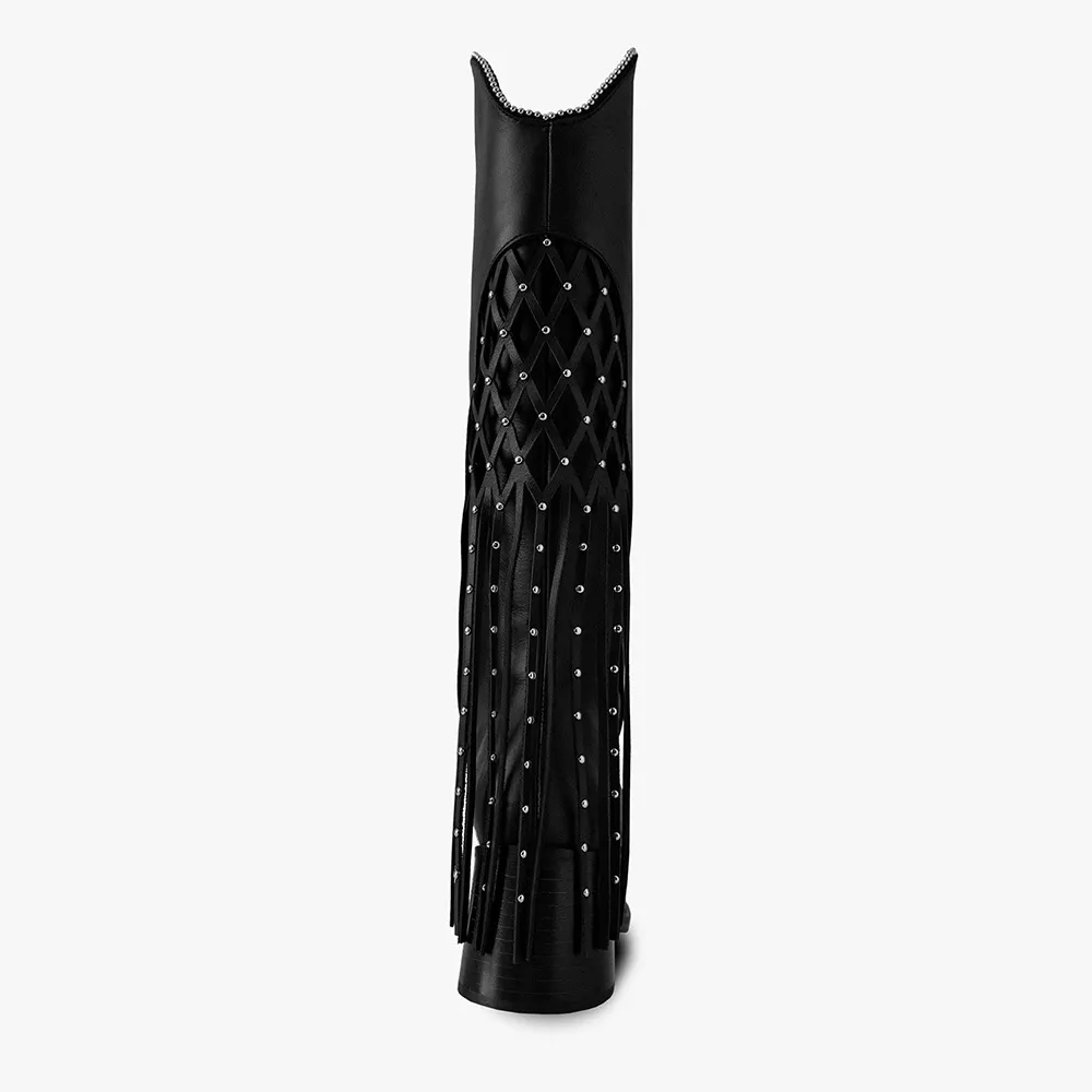 Black Studded Fringe Fold Over Western Knee High Boots for Women