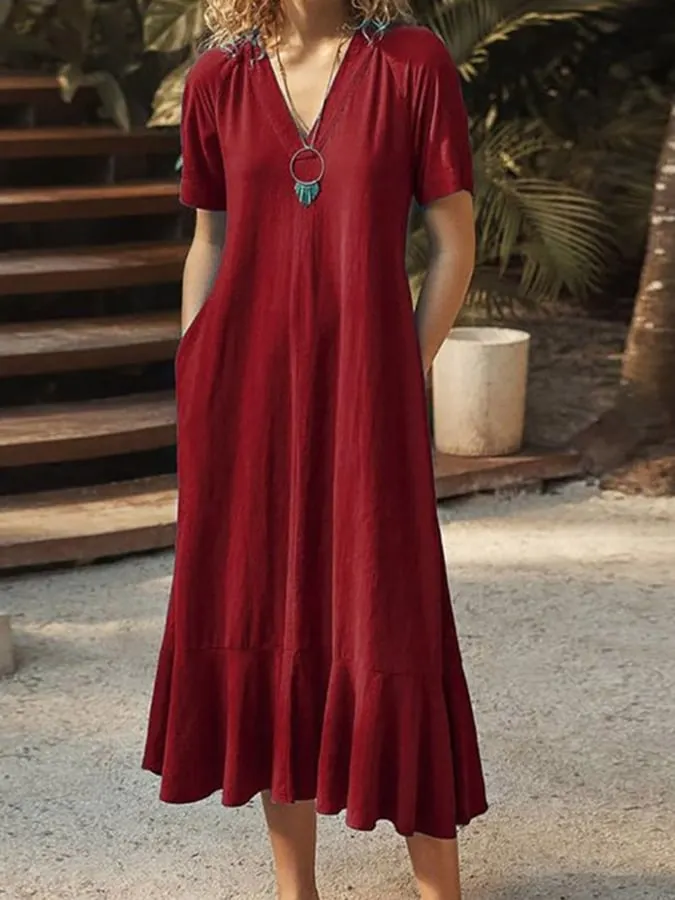 Simple Solid V-Neck Lace Up Cotton Linen A-Line Long Dress