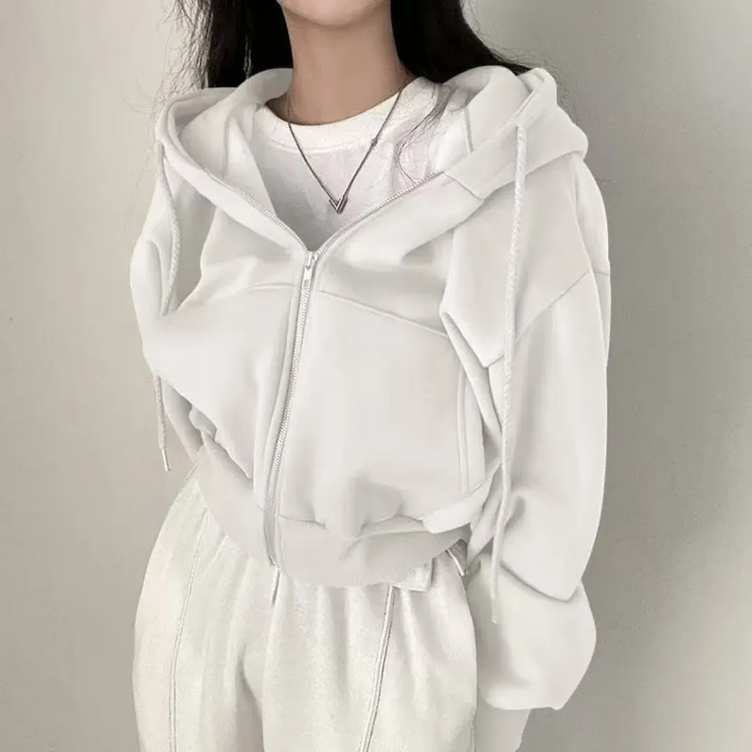Nigikala Nigikala New Wool Collar Hoodie Jacket Zipper Spring And Autumn Short Design Top Short Coat