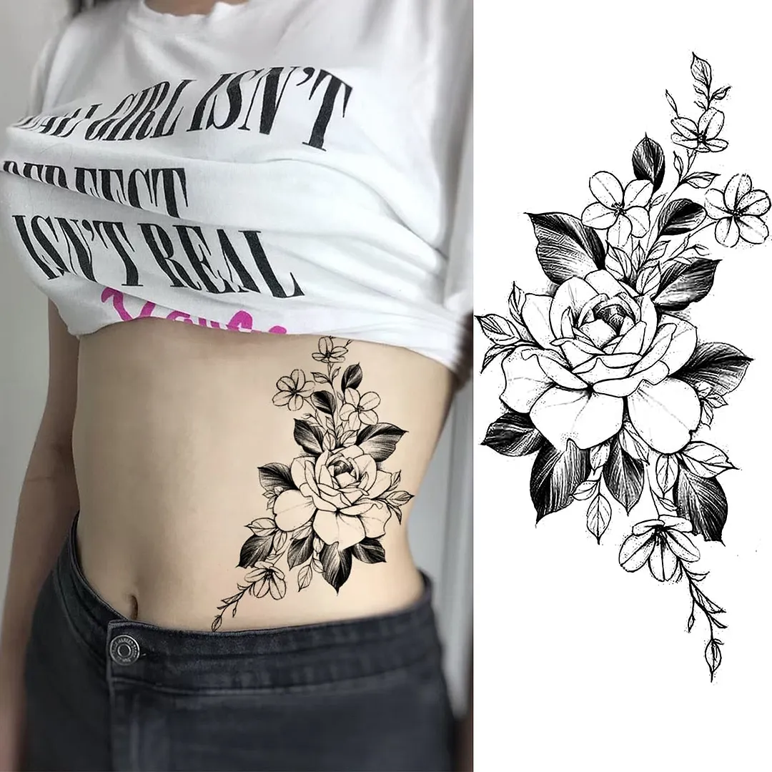 Black Lotus Pendant Temporary Tattoos For Women Adult Rose Flower Jewelry Fake Tattoo Fashion Calf Waterproof Half Sleeve Tatoos