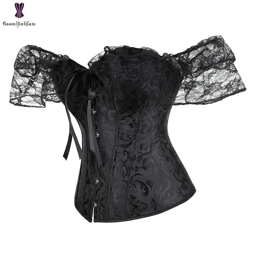 Uaang Women's Princess Renaissance Corset Black White Red Green Beige Floral Lace Short Sleeves Elegant Halloween Bustier Top
