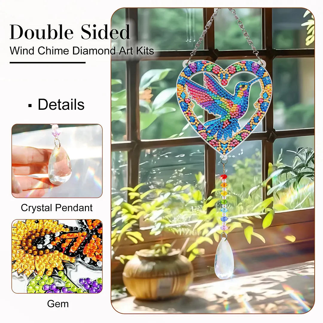 2Pcs Love Hummingbird DIY Acrylic Diamond Painting Art Wind Chimes with Crystal Pendant Diamond Art Hanging Pendant Double-Sided for Adults Beginners Gift Home Garden Decor