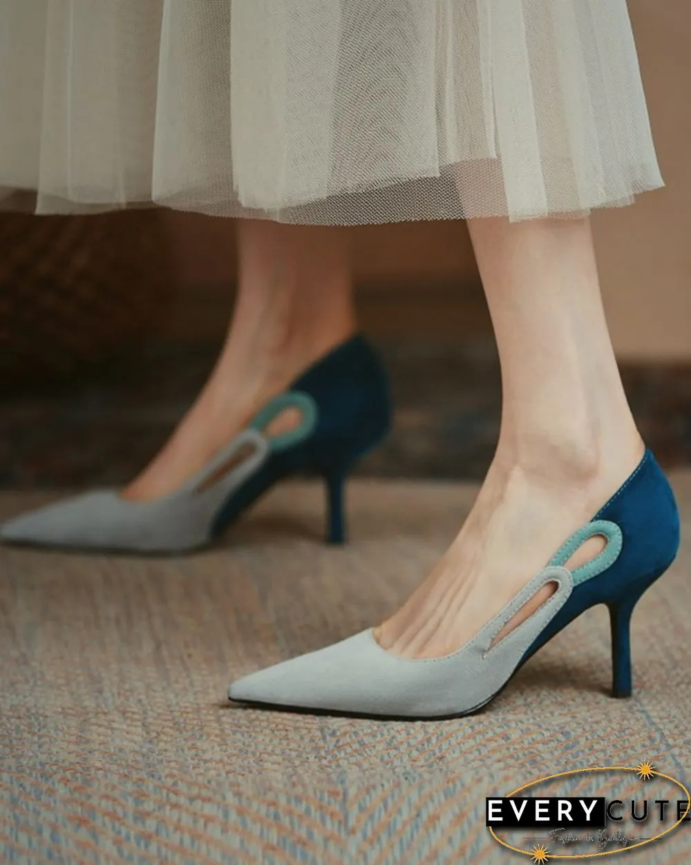Colorblock Cut-out Suede Leather High Heel Sandals