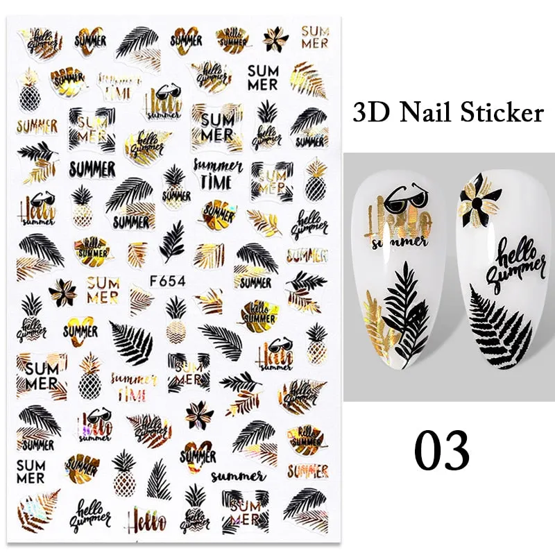 1PC iridescent Gold Black White 3D Nail Sticker Leaves Geometric Tropical Beach Decals DIY Slider Decoration Manicures-Nail Inspo