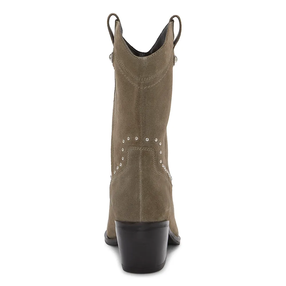 Chic Taupe Square Toe Chunky Heel Studded Pull On Cowgirl Boots