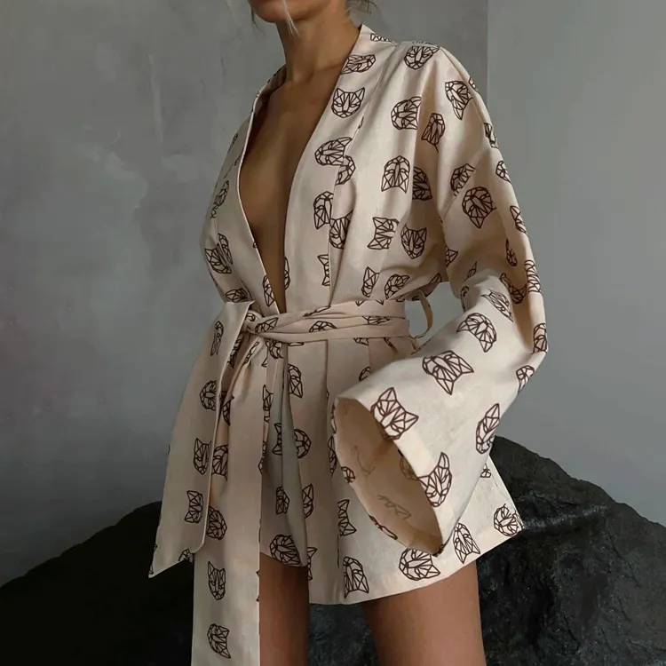 Churchf Churchf New Loose Print Women's Casual Tie Long Sleeve Pajamas High Waist Shorts Set Home Clothes