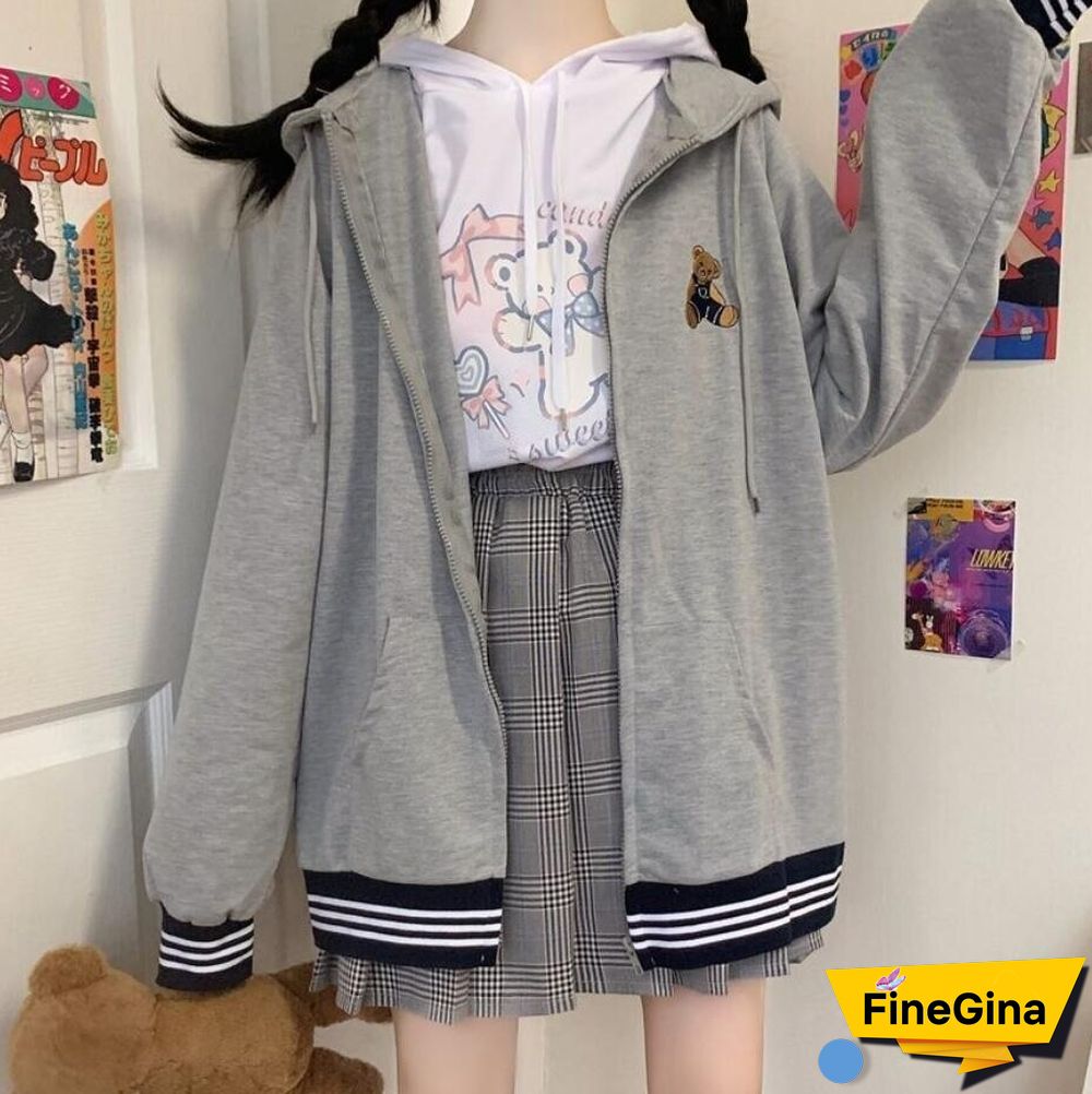 Spring Autumn Women Harajuku Zip Up Hoodies Oversized Loose Korean Version Sweatshirts Cute Kawaii Pocket Jacket Clothing Casual