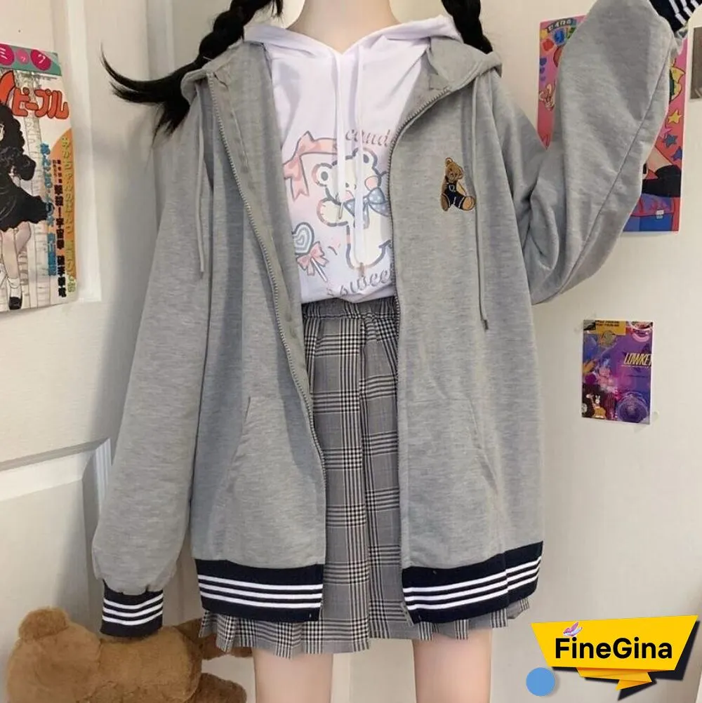 Spring Autumn Women Harajuku Zip Up Hoodies Oversized Loose Korean Version Sweatshirts Cute Kawaii Pocket Jacket Clothing Casual