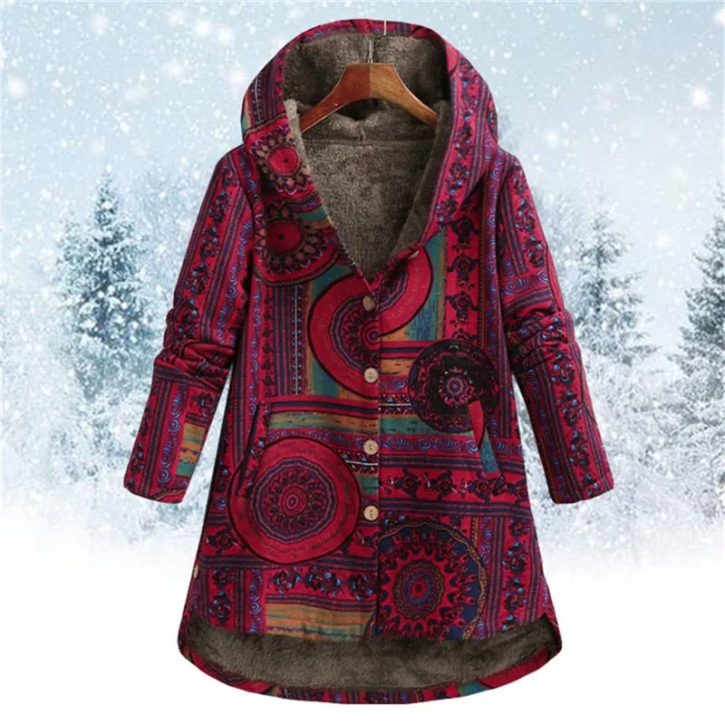 2021 Women Winter Long Hooded Pockets Oversized Floral Printed Loose Casual Jackets Button Comfort Long Sleeve Parkas Coats