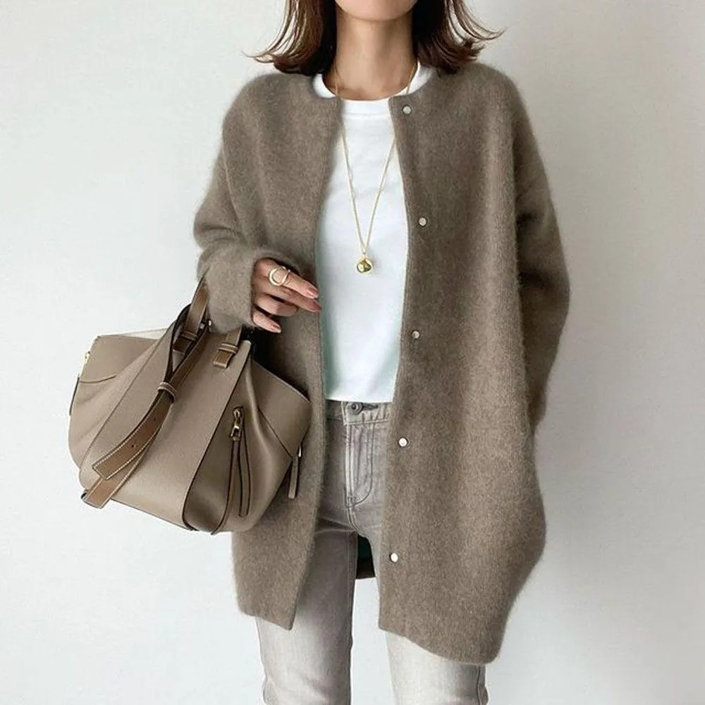 Retro Solid Color Loose Button Pocket Knitted Cardigan
