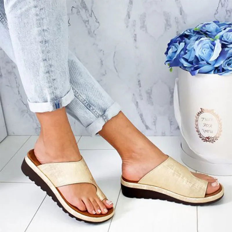 Ladies Silver PU Leather Sandals Wedges Comfy Platform Flat Casual Soft Women Big Toe Foot Correction Shoes Correctores