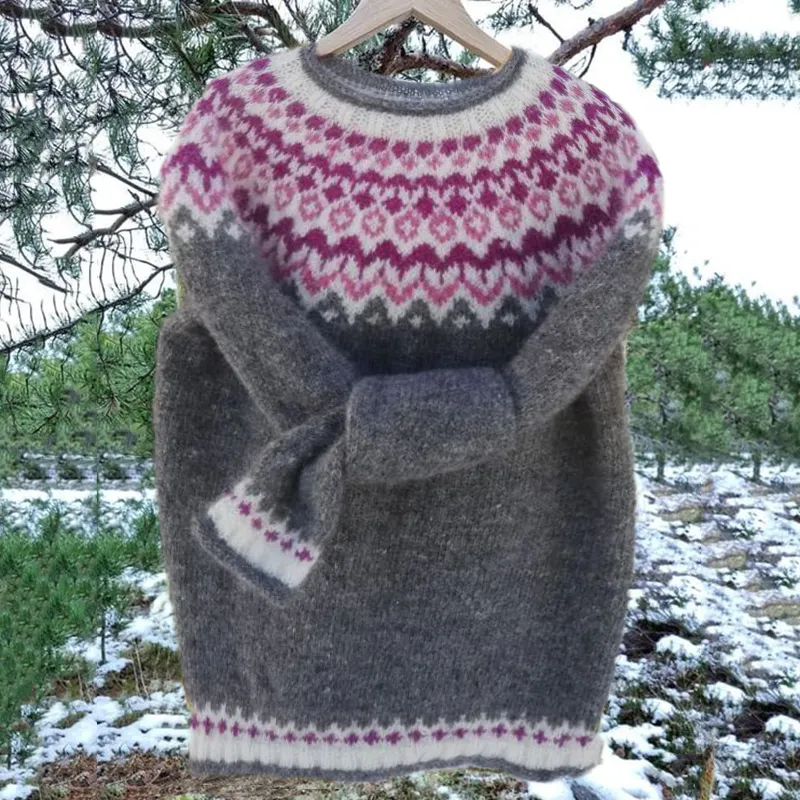 Unisex Vintage Icelandic Knit Jacquard Warmth Crew Neck Sweater