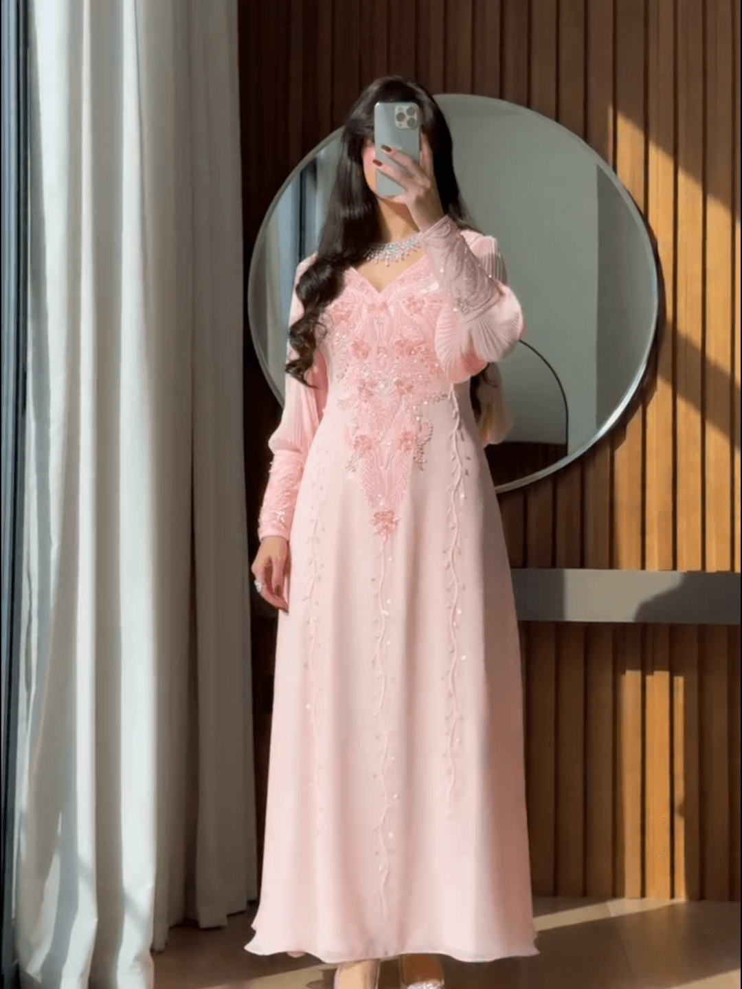 Elegant Blush Pink Maxi Dress with Floral Beading, Sequin Embroidery, and  Pleated Long Sleeves