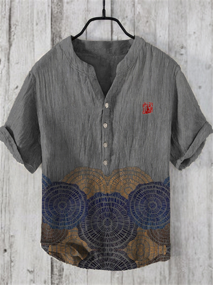 Japanese Graphic Art Linen V-Neck Shirt  artssus