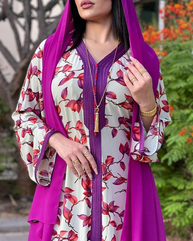Muslim Women Stylish Kashibo Abaya Muslim Ladies Long Gown Islamic Clothing Jilbab Jalabiya Purple Loose Print Dress