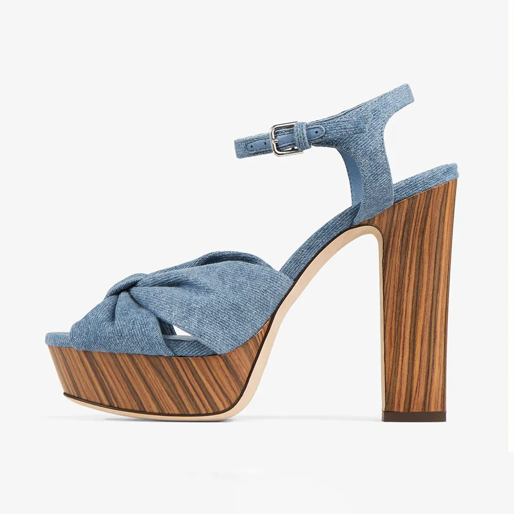 Women's Blue Platform Chunky Heel Ankle Strap Knot Denim Sandals