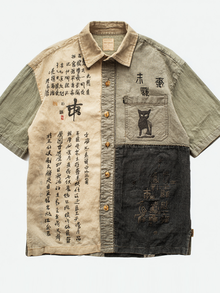 Japanese Calligraphy And Cat Art Color Block Embroidered Washed Short Sleeve Shirt elevenforest