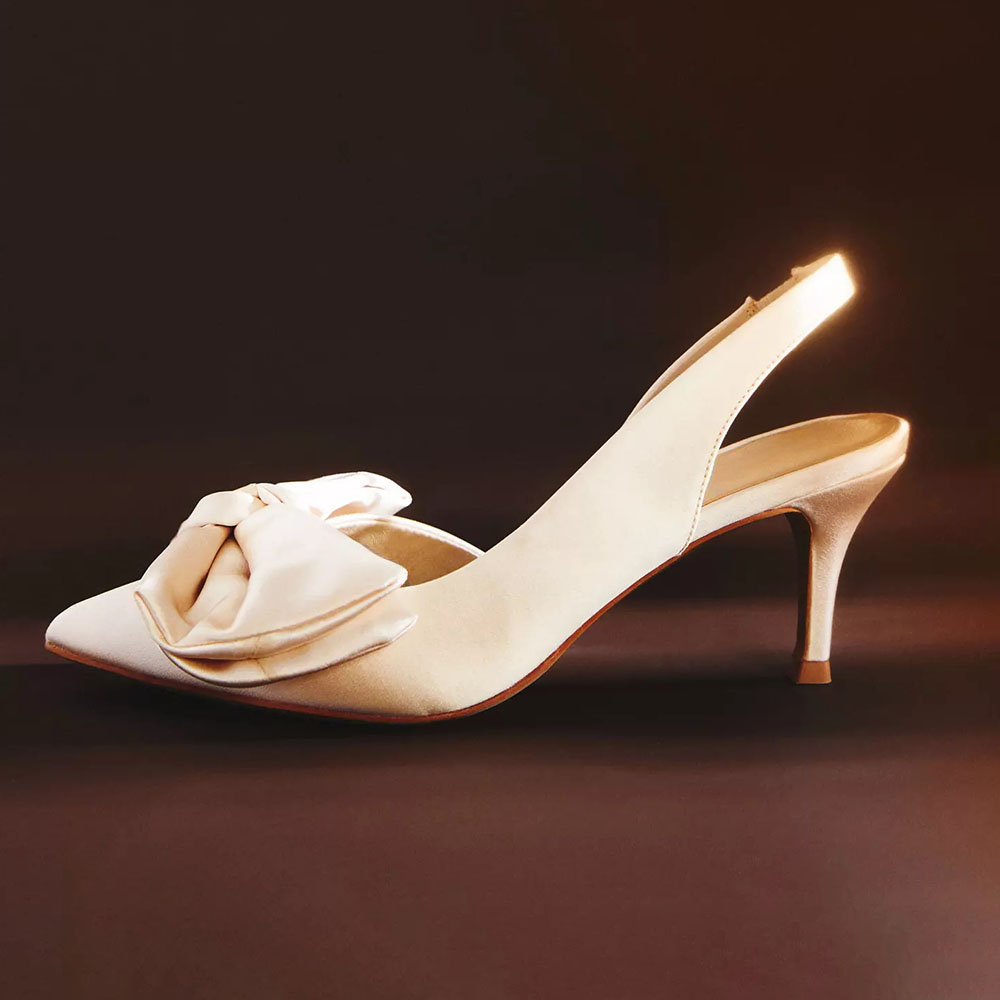 Ivory Satin Pointed Toe Kitten Heel Bow Slingback Bridal Heels Nicepairs