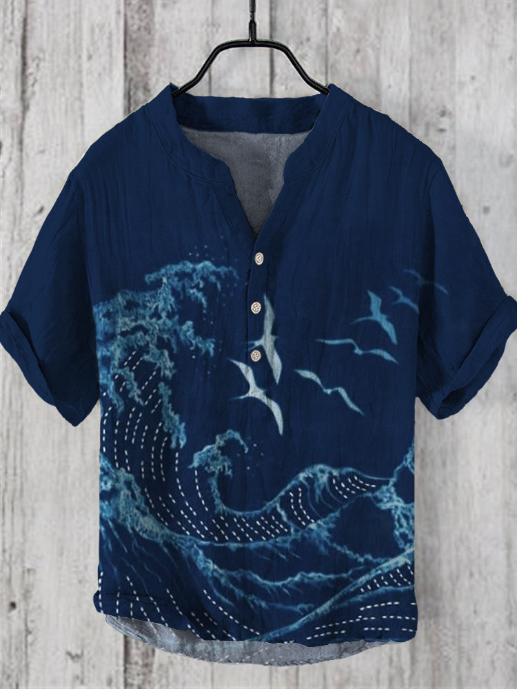 Wave Embroidery Thread Art Linen V-Neck Shirt  artssus