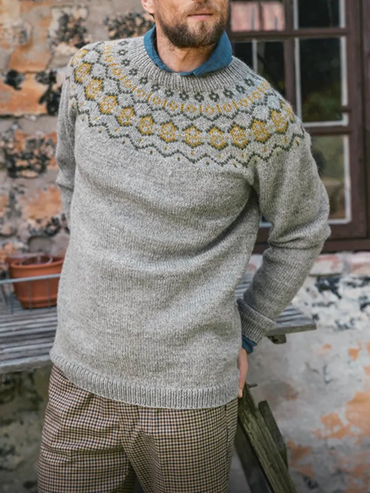 Men's Vintage Trollstigen Island Knit Jacquard Crew Neck Sweater