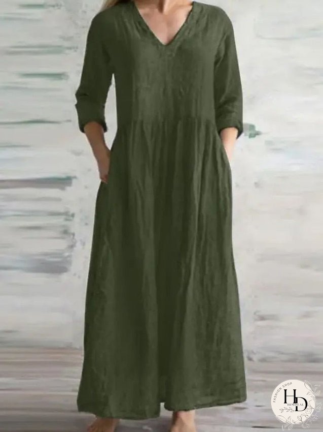 Casual Dress Cotton Linen Dress Maxi long Dress Cotton Blend Fashion Modern Outdoor Daily Vacation V Neck Ruched 3/4 Length Sleeve Summer Spring Fall Regular Fit Royal Blue Orange Green for Women