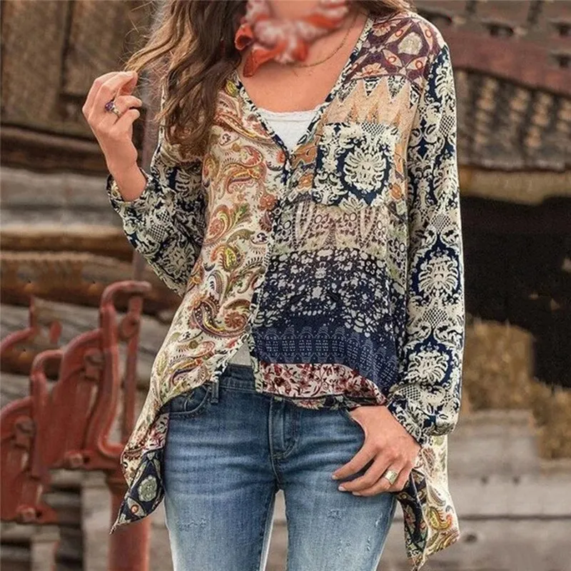 GAOKE Women Tops And Blouses Long Sleeve Bohemian Beach Loose Female Shirt Blouse Boho Fashion V Neck Lady Top Blusas
