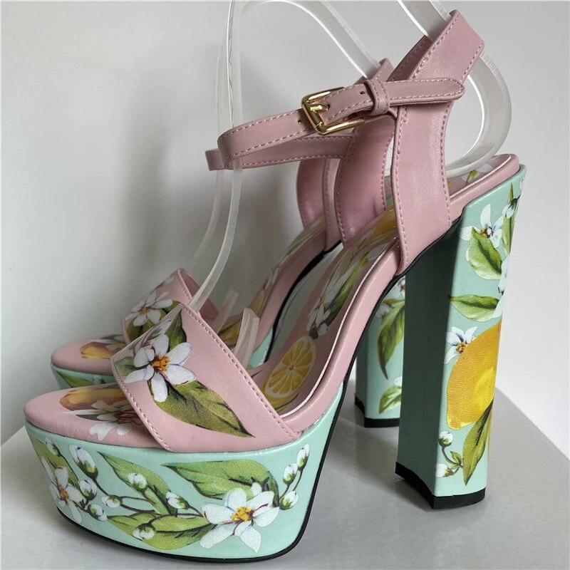 Print Flower Genuine Leather Sandals Women Chunky Heel High Platform Ankle Strap Open Toe Shoes