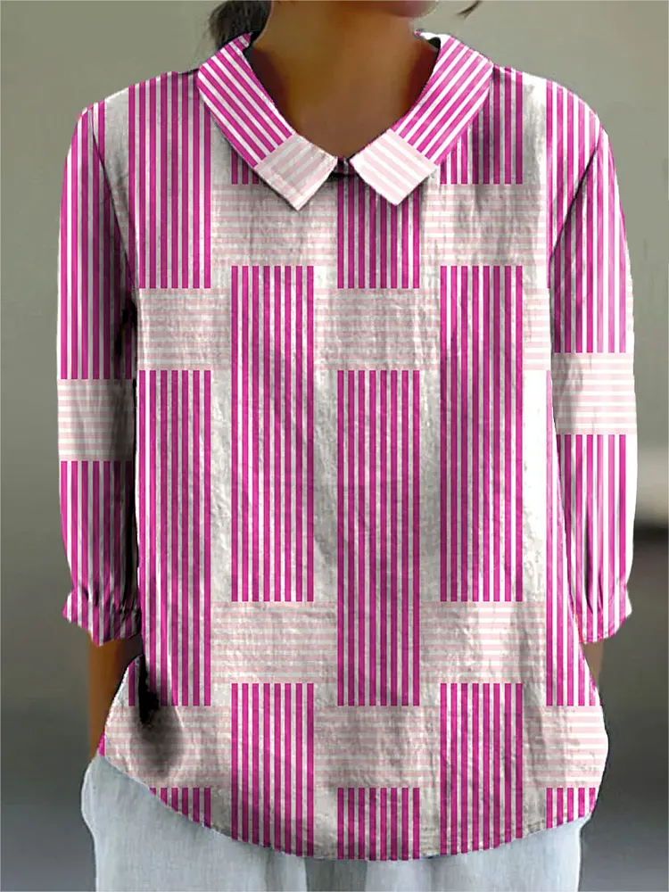 Women's Fashion Color Block Line Art Print Casual Cotton And Linen 3/4 Sleeve Shirt