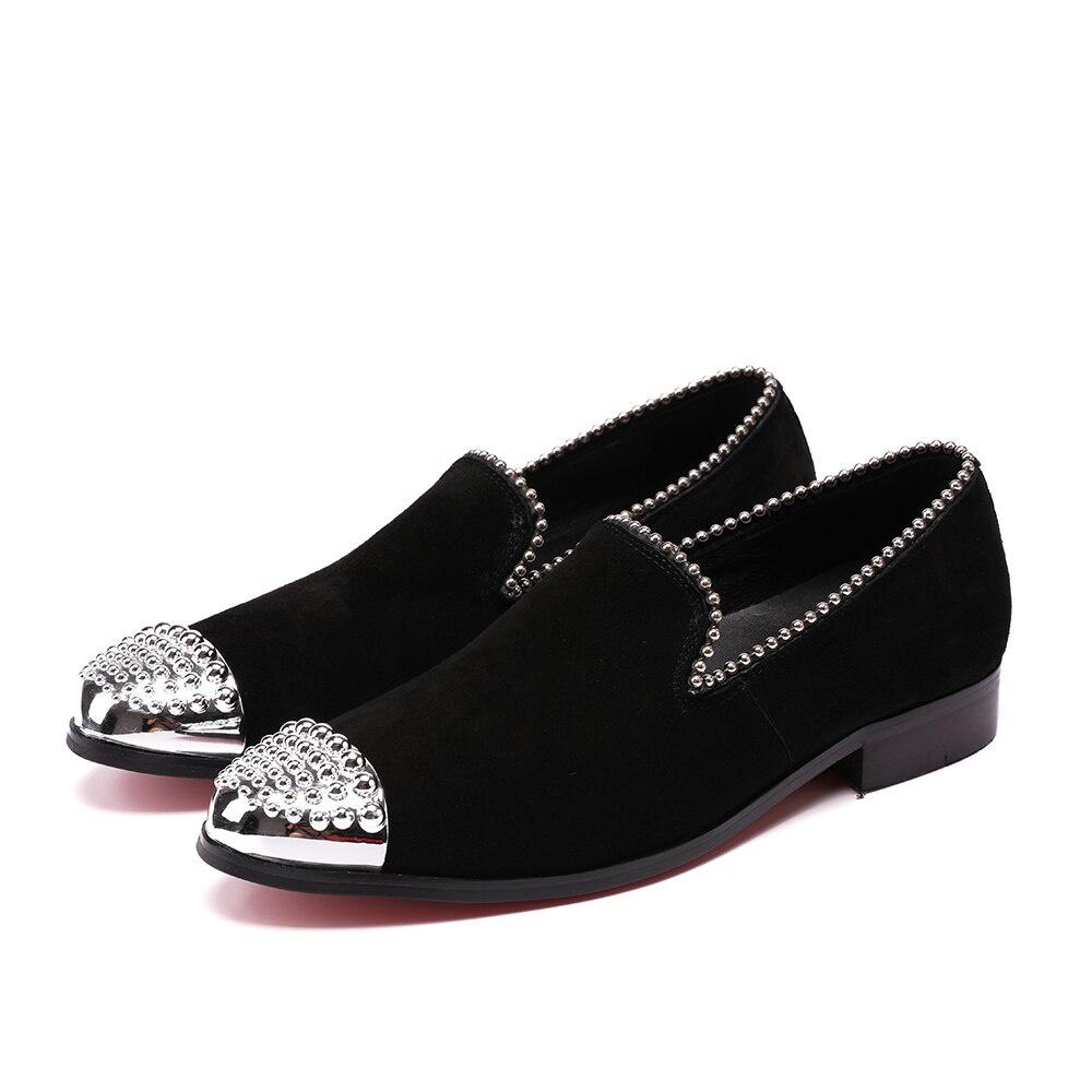 GOOSHOE Black Suede Leather Men Loafers Smoking Slippers Plus Size Men Flat Shoes with Bead Mens Shoes