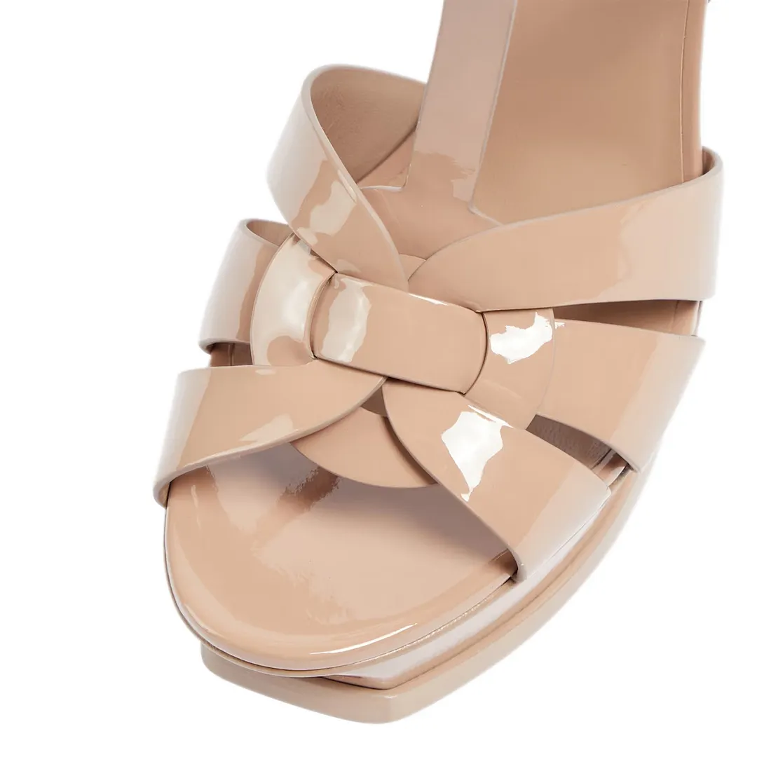 Patent Leather Beige Platform T-Strap Sandals with High Heels