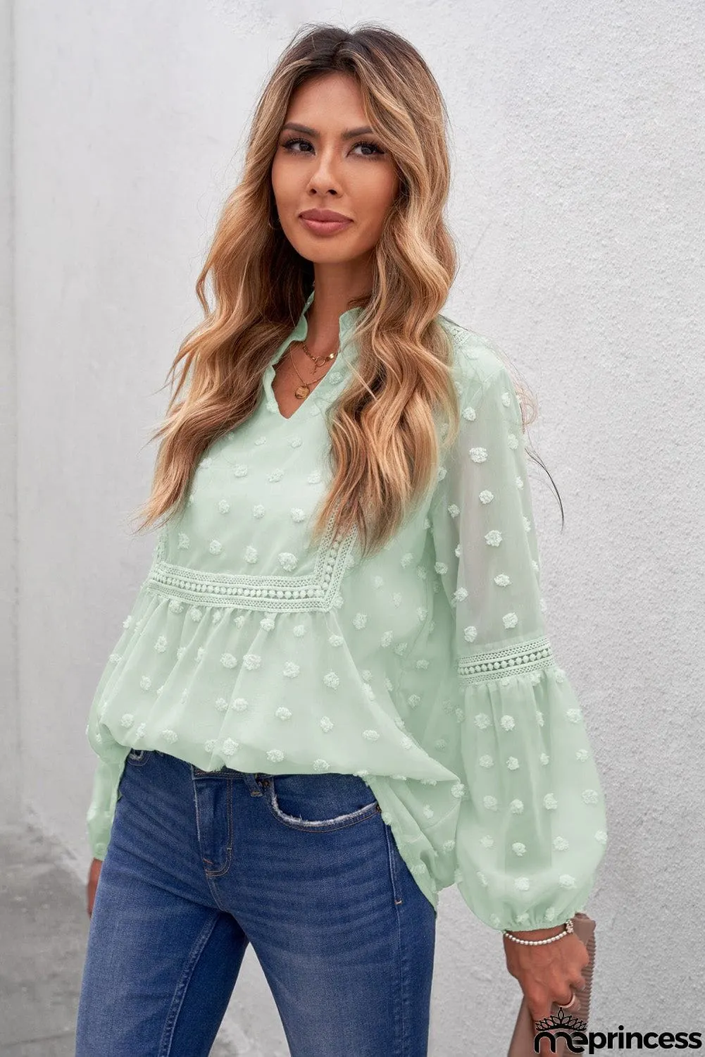 Chic Green Ruffled Split Neck Lace Hollow Out Long Sleeve Polka Dot Blouse