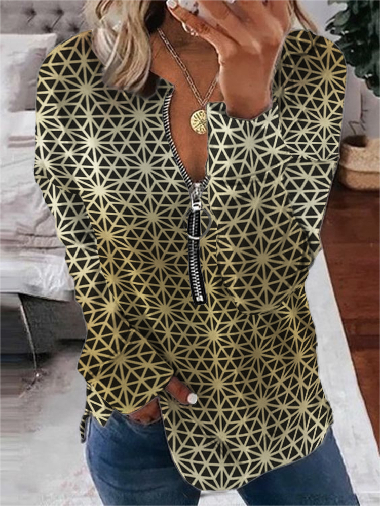 Golden Sacred Geometry Print Zip Up Sweatshirt elevenforest