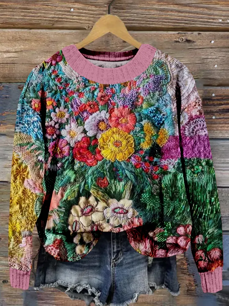 Colorful Flowers Embroidered Cozy Sweater