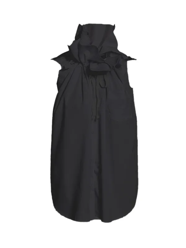 Loose Sleeveless Buttoned Drawstring Pleated Solid Color Stand Collar Vest Top
