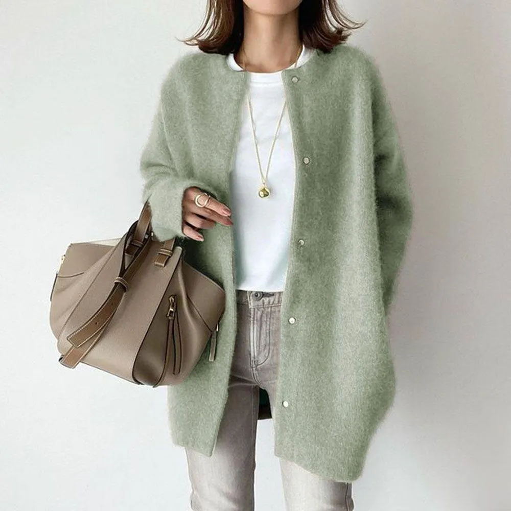 Retro Solid Color Loose Button Pocket Knitted Cardigan