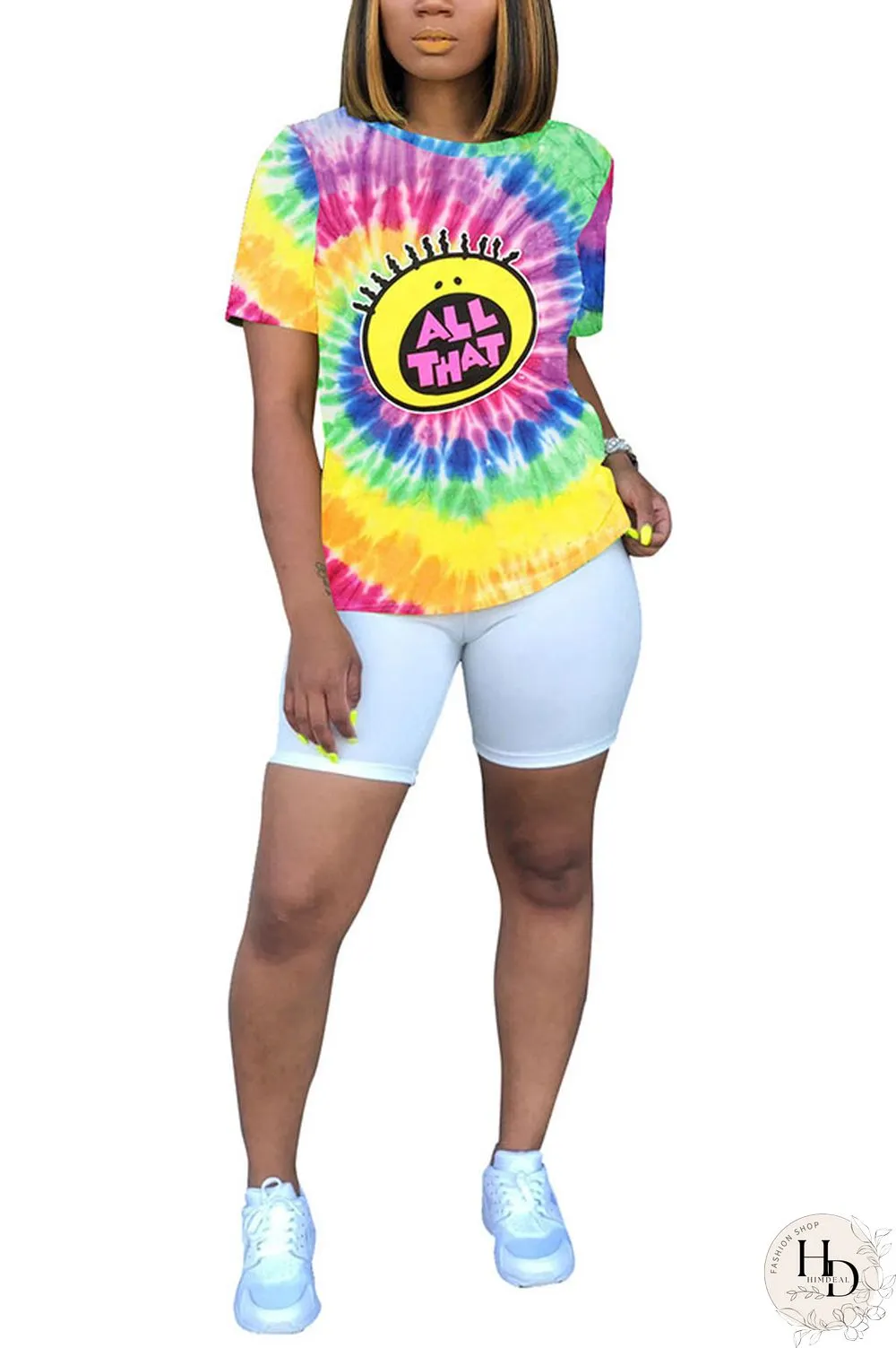 Blue White Blue Orange Yellow colour Polyester O Neck Short Sleeve Patchwork Print Character Tops