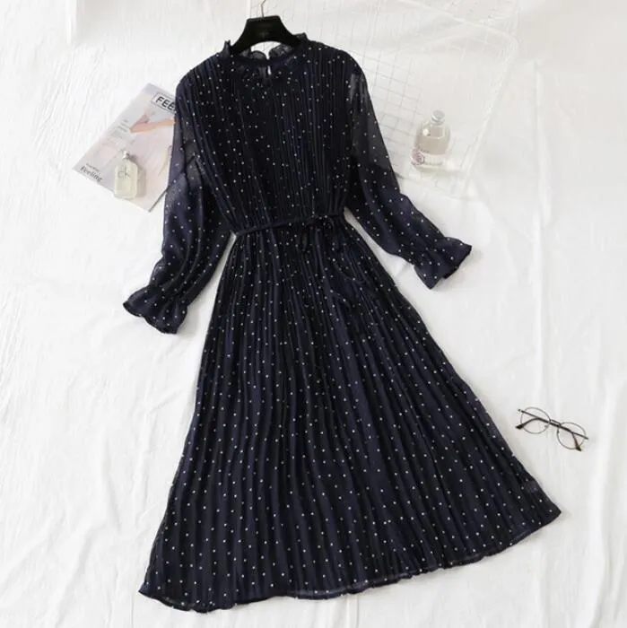 Polka Dot Print Women Chiffon Pleated Dress Sweet Flare Sleeve Party Dresses Casual Loose Lady Office Midi Dress Vestidos Mujer