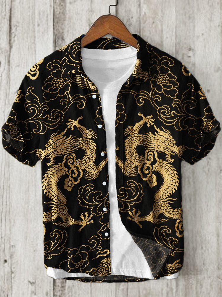Dragons Floral Japanese Pattern Linen Blend Shirt  artssus