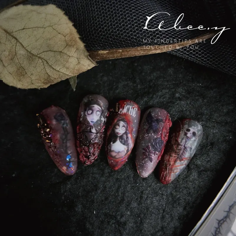 1pc Corpse Bride Nail Sticker Abstract Girl Butterfly Flower Rose Nail Art Decal Manicure Decorations Nail Decals Designer-Nail Inspo