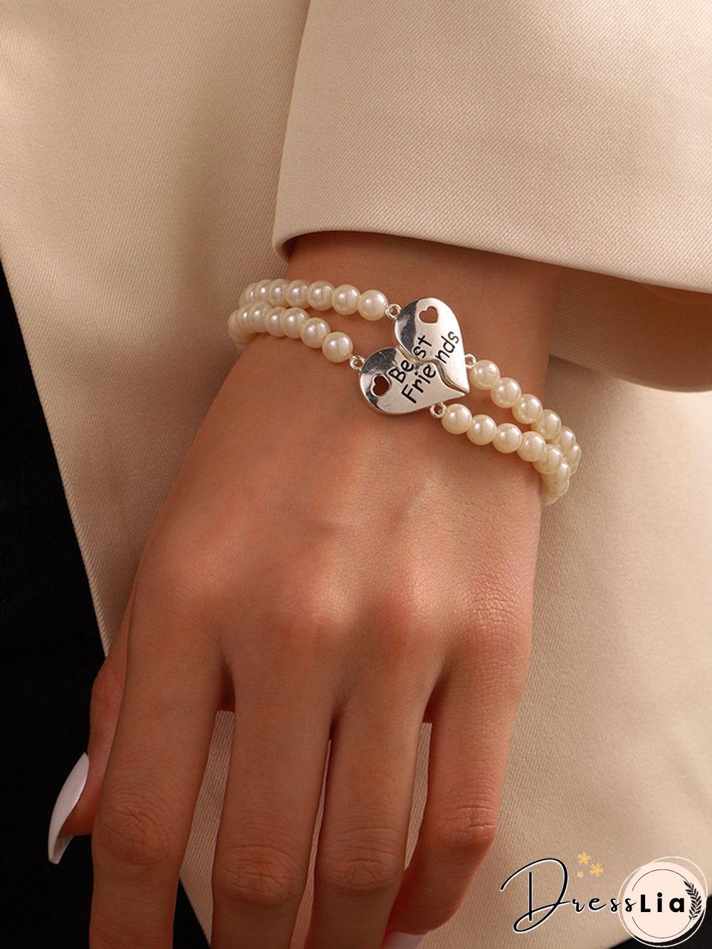 2Pcs Bestfriends Heart Letter Pearl Bracelet Bestie Bracelet
