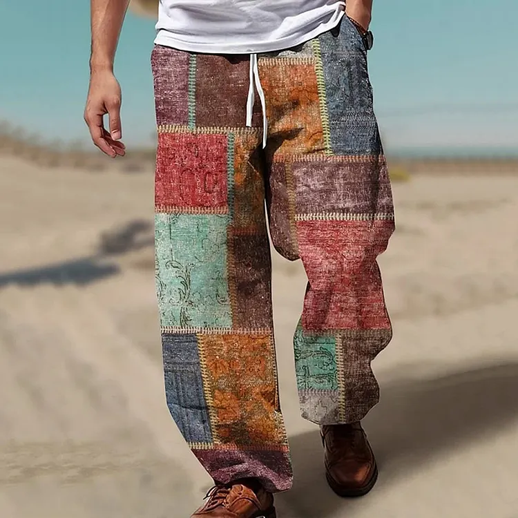 Vintage Geometric Color Block Art Graphic Linen Pants