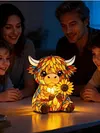 LED 3D Animal Night Lamps Sunflower Highland Cow Table Lamp Cute Bedside Decorations Lamp USB Handcrafted Stained Glass Night Light for Living Room Desk Decor