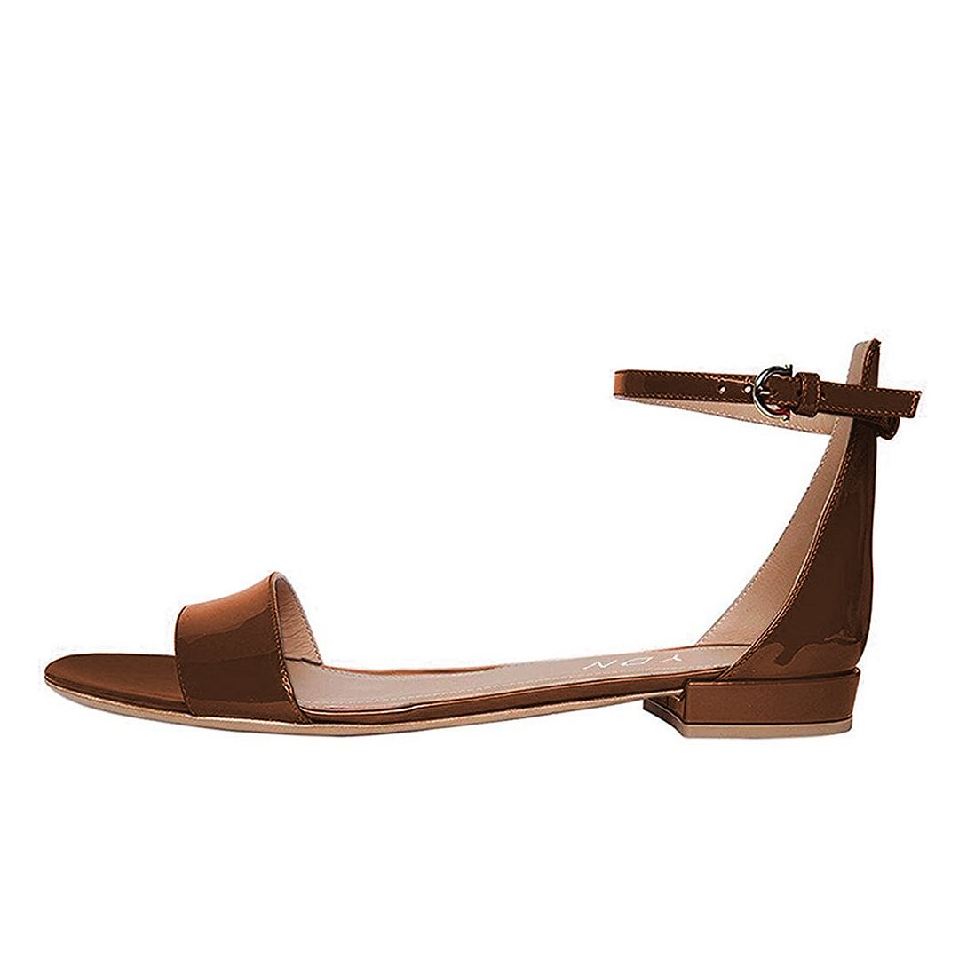 Brown Patent Leather Open Round Toe Ankle Strap Flat Sandals for Women