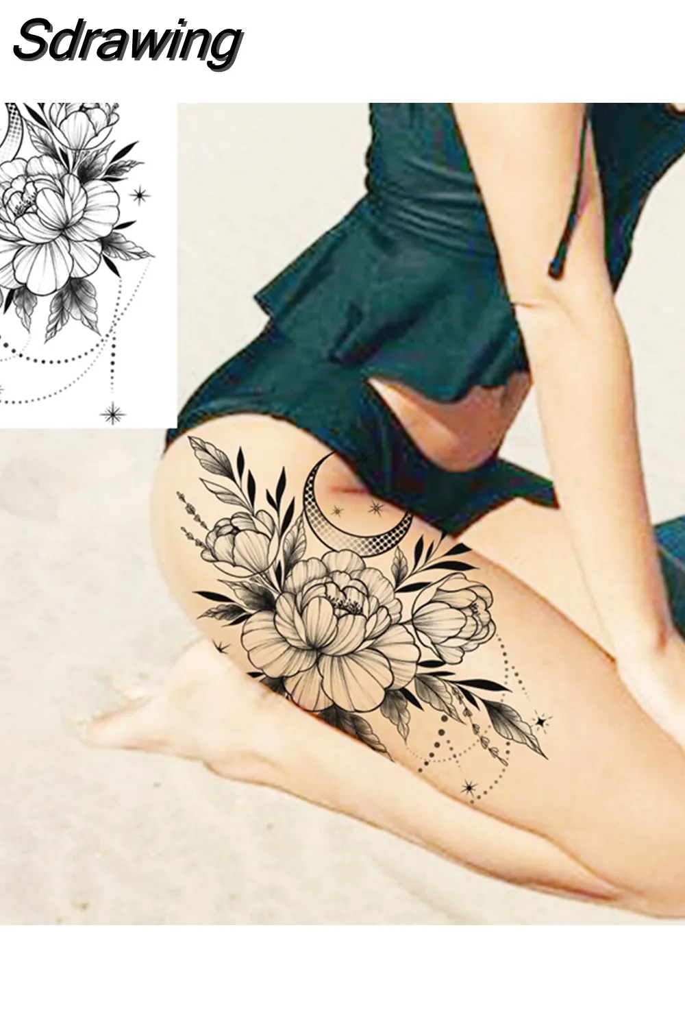 Sdrawing Peony Flower Temporary Tattoos For Women Adults Realistic Compass Moon Pendant Fake Tattoo Sticker Arm Body Tatoos 507-1