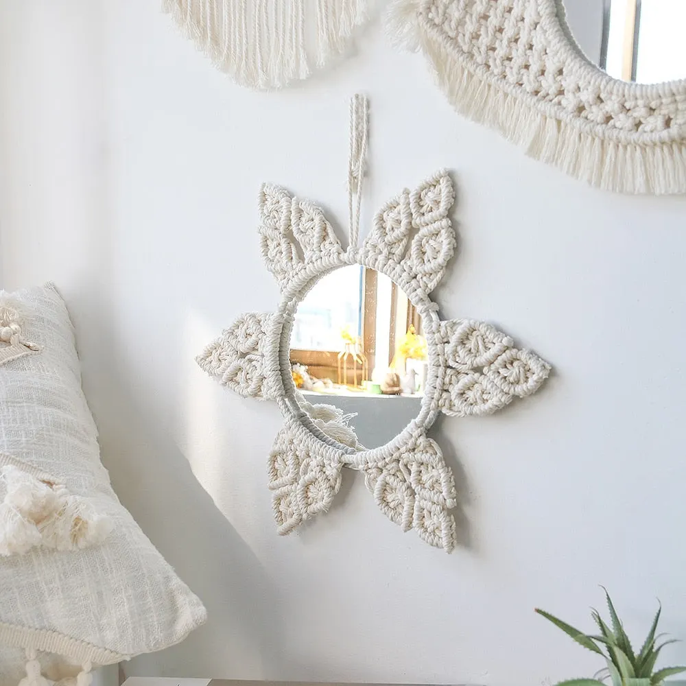 Boho Mirror Home Decor Aesthetic Macrame Wall Hanging Decorative Wall Mirrors For Apartment Livingroom Bedroom Room Decoration