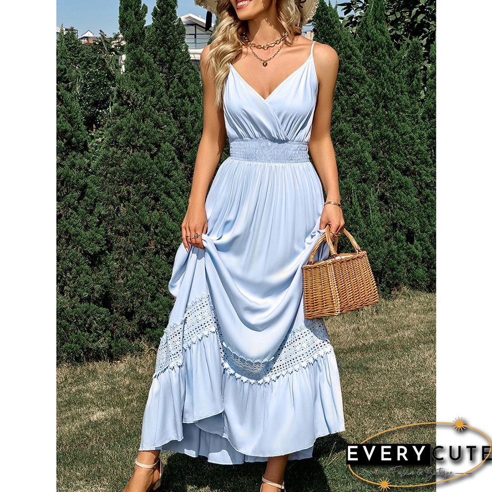 Light Blue Maxi Dress Slim Fit V Neck Maxi Dress