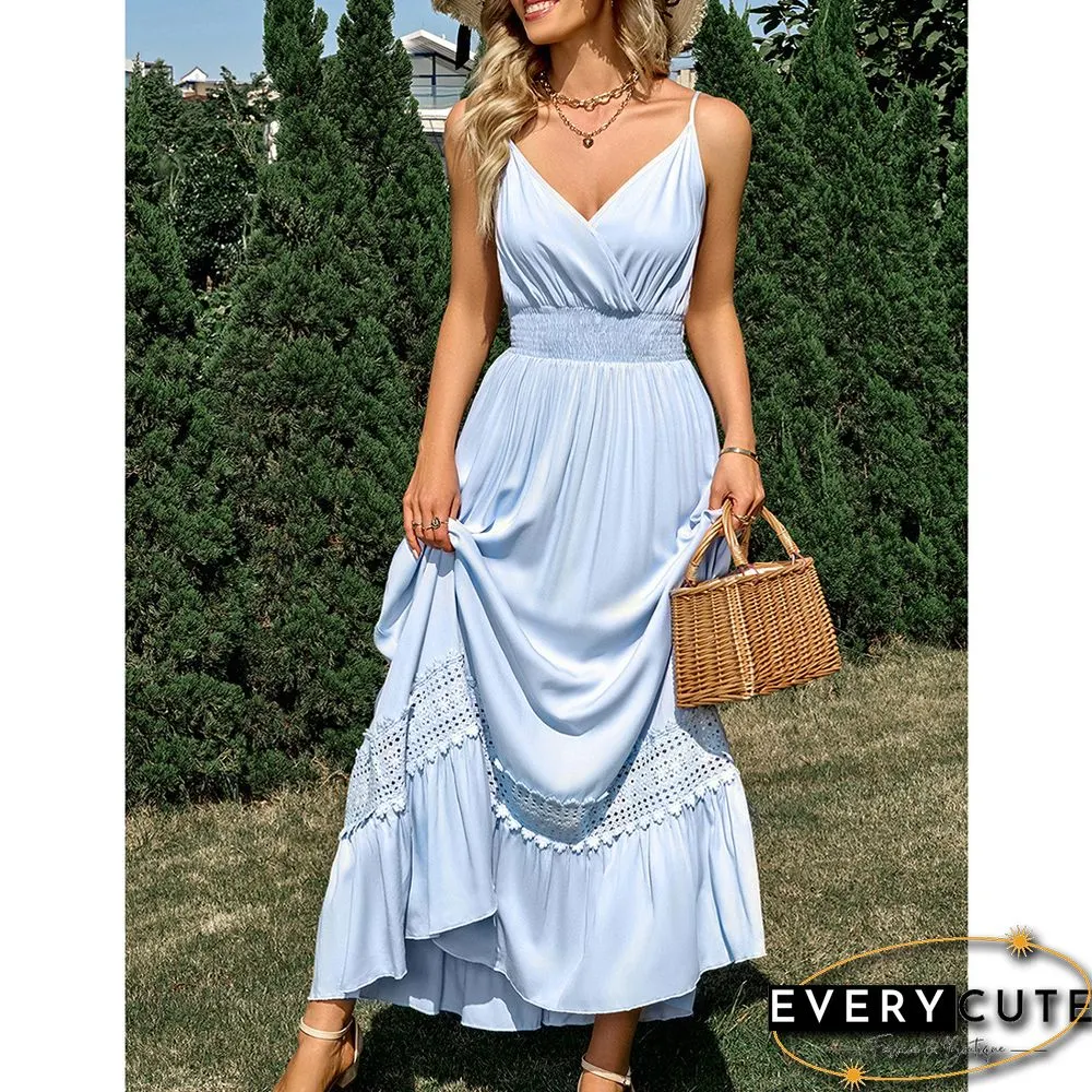Light Blue Maxi Dress Slim Fit V Neck Maxi Dress
