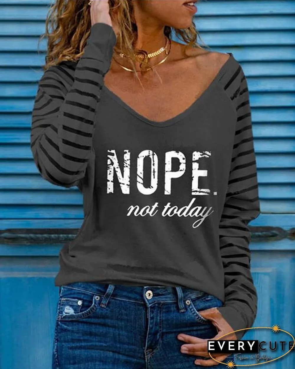Casual Letter Print V Neck Shirts&Tops
